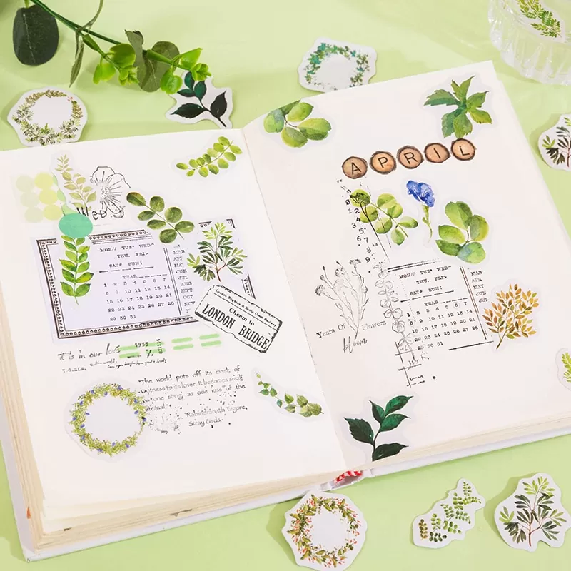ZXMNBH - Lot De 20 Autocollants Scrapbooking PET - Fleurs Vertes - Décoration Agenda, Journal Intime, Carnet
